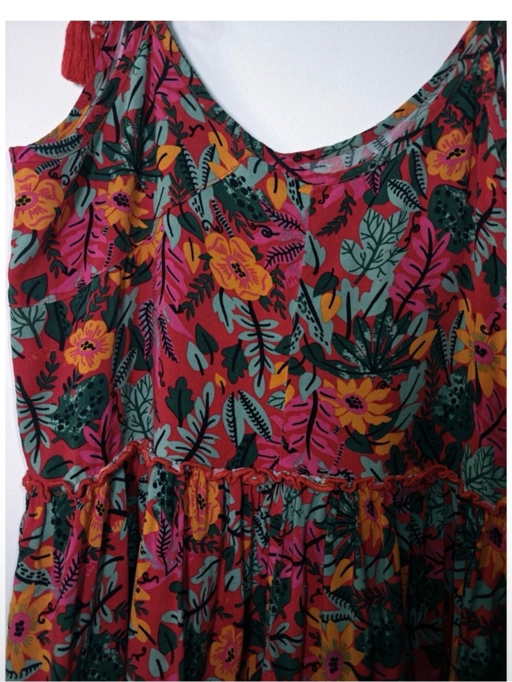 Womens Tropical Floral Print‎ Tiered Mini Dress Tassel Tie Straps small